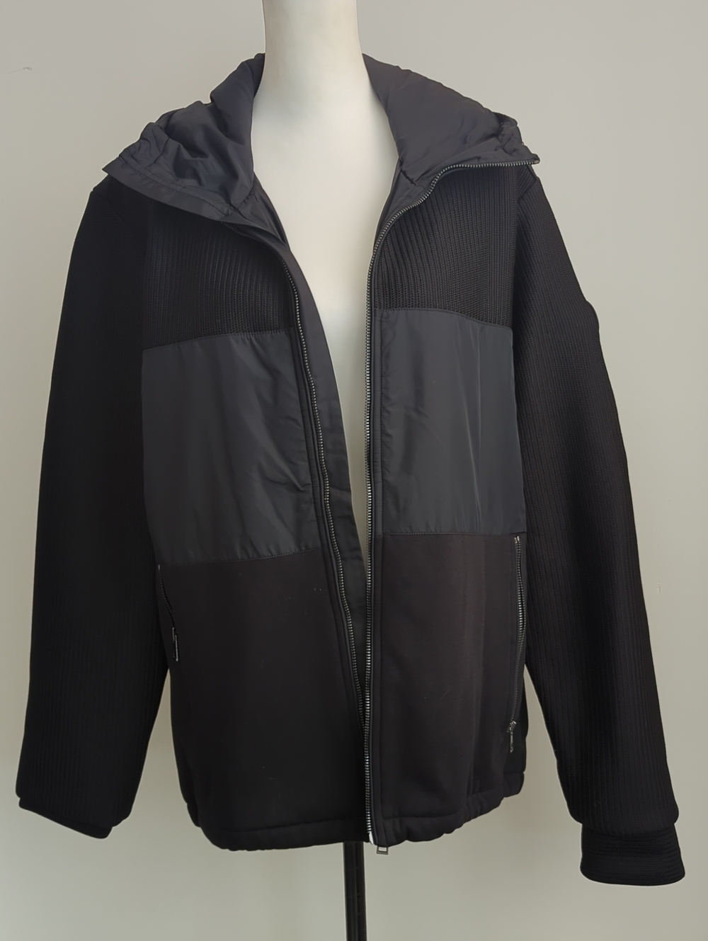 NWT Michael Kors Men's Mix-Media Ribbed Knit Full-Zip Hoodie Jacket Black LARGE - Picture 5 of 11